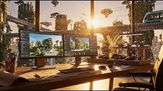 Solarpunk Architect Studio 🌿 Warm Analog Synths & Future City View [1 Hour]