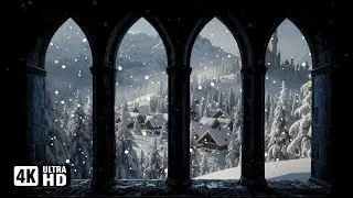 4K Harry potter Winter Window view, Christmas village Hogwarts Snow ambience projection, Study, work