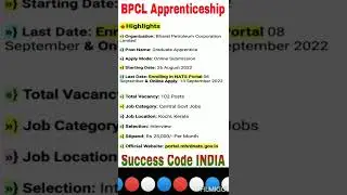 BPCL Apprenticeship 2022  #successcodeindia #shorts #trending #govtjobs #viral
