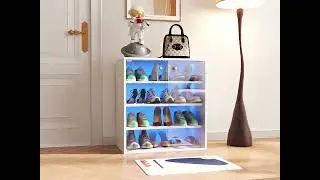 JOYSOURCE 4-Tier Shoe Box Cabinet with RGB LED Light & Glass Doors