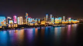 China Hangzhou Qianjiang New Town CBD light show Qiantang River