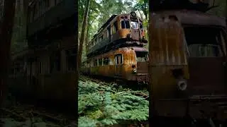 Abandoned trains stacked, AI generated