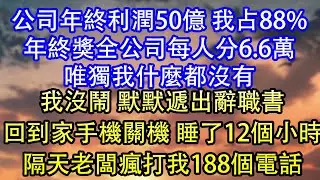 公司年終利潤50億 我占88%年終獎全公司每人分6.6萬唯獨我什麼都沒有我沒鬧 默默遞出辭職書回到家手機關機 睡了12個小時隔天老闆瘋打我188個電話