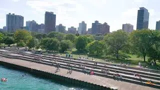 Chicago Yacht Club Harbor Concrete beach Drone Lake Michigan Swimming, Boating Beautiful Day Tanning