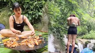 Alone Overnight by the Waterfall 🌧️ | Cooking, Bathing & ASMR Rain Sounds