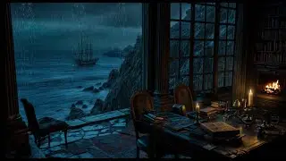 NO Ads🔥Rainy Night in a Cozy Room | Ocean Waves, Pirate Ship, Thunder & Crackling Fire Ambience