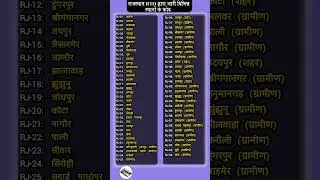राजस्थान RTO द्वारा जारी विभिन्न स्थानों के कोड || Rajasthan RTO CODE ||🔥🌍✅ #gk #shorts