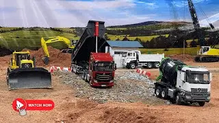 Massive Road Building Job From Gravel Base to Concrete with RC Excavator, Truck & Mixer Truck