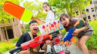 NERF GUNS ROBBER ICE CREAM CONTAINER BATTLE | Pretty Girl Nerf War