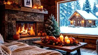Haunted Halloween Ambience 🎃 Relaxing Halloween Jazz Music & Crackling Fireplace at Fall Coffee Sho