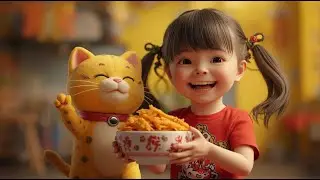 Cat and Cute child eating fish fry #aicat  #aliza 