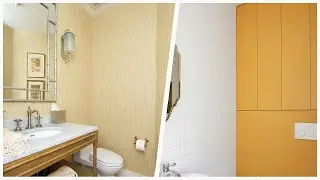 75 Yellow Medium Tone Wood Floor Powder Room Design Ideas You'll Love 🔴