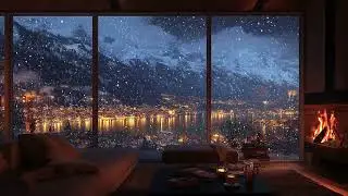 Calm Winter Night ASMR | Falling Snow, Warm Fireplace Glow & Peaceful City View