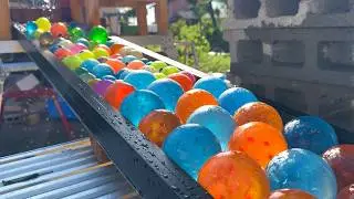 Midsummer Water Marble Run Race ministry ASMR to roll balls in a long pool & handmade marble course.