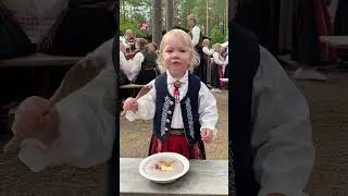 Baby in Norwegian Bunad Tries R&oslash;mmegr&oslash;t! 🇳🇴 Sour Cream Porridge #shorts