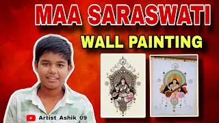 Maa saraswati wall painting full video 🖌️🎨 #art #Artist_Ashik_09 #masarswati #tranding #sketch 🙏🙏