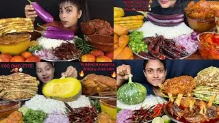 Spicy🔥whole chicken curry, omelette,baingan/pumpkin bharta with basmati rice😋| Bigbites mukbang asmr