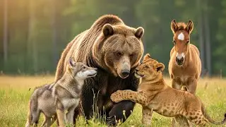 MOTHER BEAR has adopted lion cub, wolf cub and mustang foal: years later their bond was shocking!