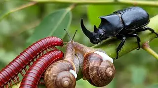 Millipede, Snail & Rhino Beetle Coexistence! Rare Wildlife Footage #millipede  #MillipedeEncounter