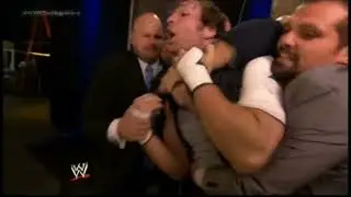 FULL CLIP - Dean Ambrose attacks Seth Rollins during backstage interview ||WWE Battleground 2014