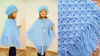 Como tejer el poncho N° 30 a crochet en punto abanicos con rococo paso a paso para cualquier talla