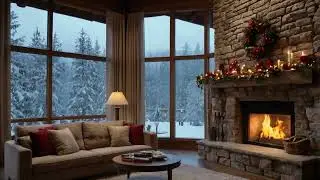 Christmas Cabin Ambience ❄️ Cozy Fireplace, Snowfall, Wind Sounds & Relaxing Music