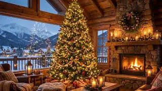 Christmas Cabin Ambience 🎄🔥 | Cozy Fireplace, Snowfall & Mountains