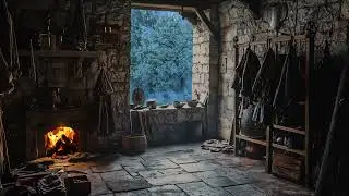 Medieval Stone Room with Fireplace | Cozy, Rustic Atmosphere for Work & Relaxation with Rain Sounds