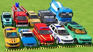 TRANSPORTING POLICE CARS, AMBULANCE, FIRE TRUCK, COLORFUL CARS WITH TRUCK -FARMING SIMULATOR 22!