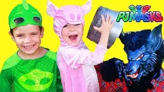 PJ Masks 3 Little Pigs Story with Gekko & Big Wolf in Huge Playhouse