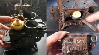 Unboxing Mini Queen Cast iron toy Stove || Clean off Rust || Miniature Cooking