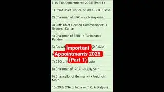Important Appointments 2025 | Top Appointments | Appointment Current Affairs | Current Affairs Pdf