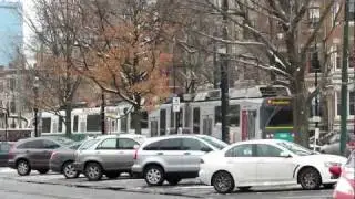 Boston Light Rail (tram) in the Snow and at Heath Street