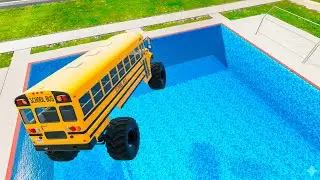 Unbelievable School Bus Down In Swimming Pools &ndash; BeamNG Drive Realistic Bus Crash Physics