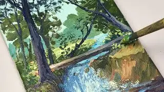 Easy Acrylic Painting Deep Forest And Waterfall | Landscape Painting
