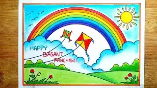 Basant Panchami Drawing/Kite Flying Scenery Drawing/How To Draw Basant Panchami Festival Drawing