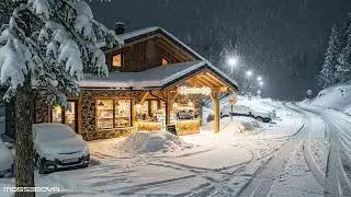 Snowy Mountain Road Cafe ❄️ Night Ambience for Sleep | 4K Ultra HD Static Loop (90 Min)