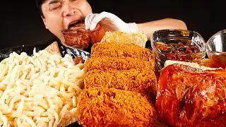 모듬햄크림우동과 치즈돈까스, 훈제통삼겹, 새우롤튀김 먹방~!! 리얼사운드 ASMR social eating Mukbang(Eating Show)