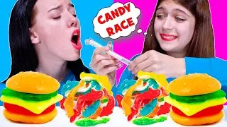 ASMR Candy Race with Gummy Eyeballs, Jelly Straws, Gummy Burgers