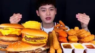 Triple Cheeseburgers, Mozzarella Sticks, Nuggets & Cheese Dip ASMR Mukbang 🍔🧀🍗