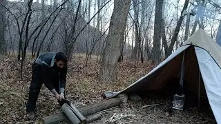Kurdistan- solo tent camping-river-bushcraft-wood stove cooking-chopping- wooden candle carving-knot