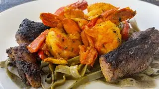Jumbo Shrimp & Pork with Spinach Fettuccine [Original Recipe / 100% Natural]