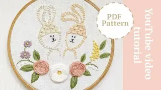 Easter embroidery pattern. Spring bunnies and flowers embroidery design. Весенняя пасхальная вышивка