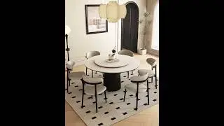 Minimalist DUN DUN Round Dining Table with Lazy Susan | Modern Wood Base & Sintered Stone Top