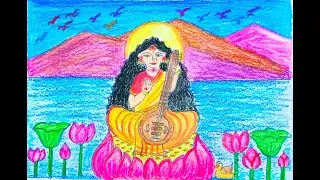 Saraswati Puja Special | Maa Saraswati Drawing with Veena & Nature Background