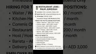 Restaurant Jobs in Palm Jumeirah 2025 | Waiter, Hostess, Barista, Chef, Kitchen Staff Hiring