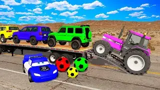 TRANSPORTING PIXAR CARS & FRUITS WITH COLORED & JOHN DEERE vs CLAAS vs TRACTORS - BeamNG.drive #962