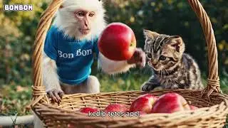 Bon Bon the Monkey and His Kitten Go to the Farm to Pick Red Apples in a Little Cart