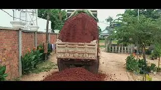 New Project Bulldozer D20P And  Dump Trucks Repair the Road Filling with Red pebble .