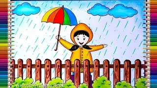 Rainy Season Drawing | How to Draw Rainy Day Drawing easy steps | Rainy day Scenery drawing easy